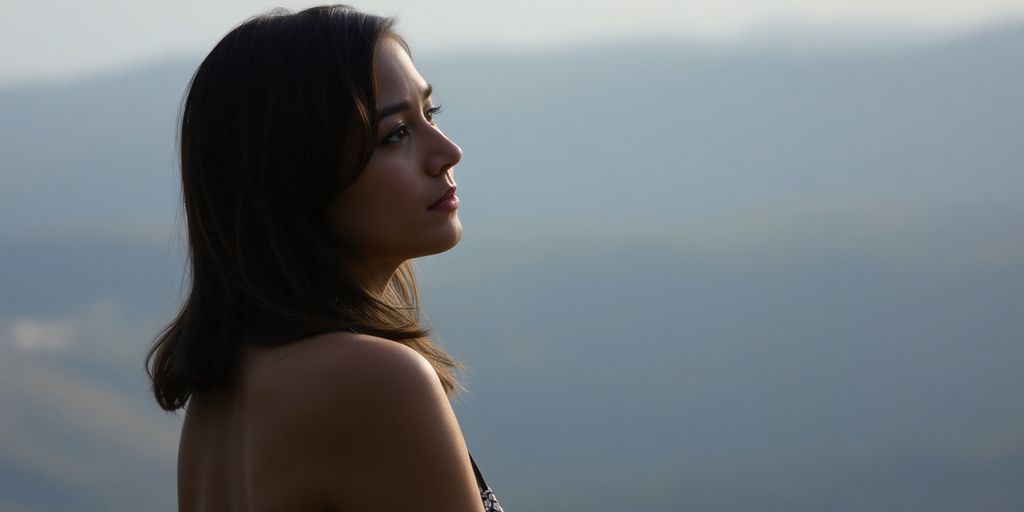Mulher pensativa olhando para o horizonte, refletindo.