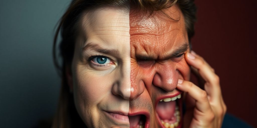 Pessoa com expressão dividida e cores contrastantes.